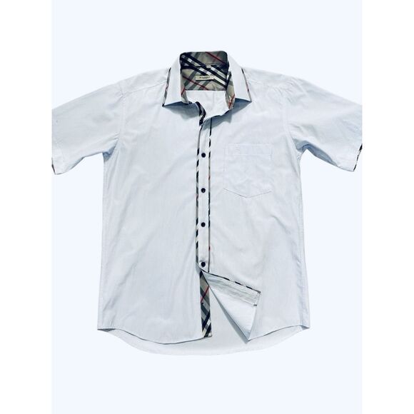 Burberry Short Sleeve Button Up Baby Blue Check Plaid Accents Chest Pocket Men M - Picture 1 of 15